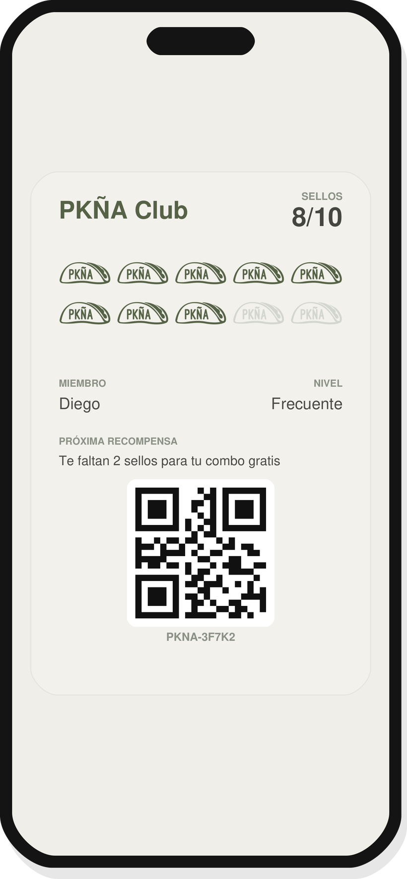 Tarjeta digital PKÑA Club en el celular: sellos, nivel y QR